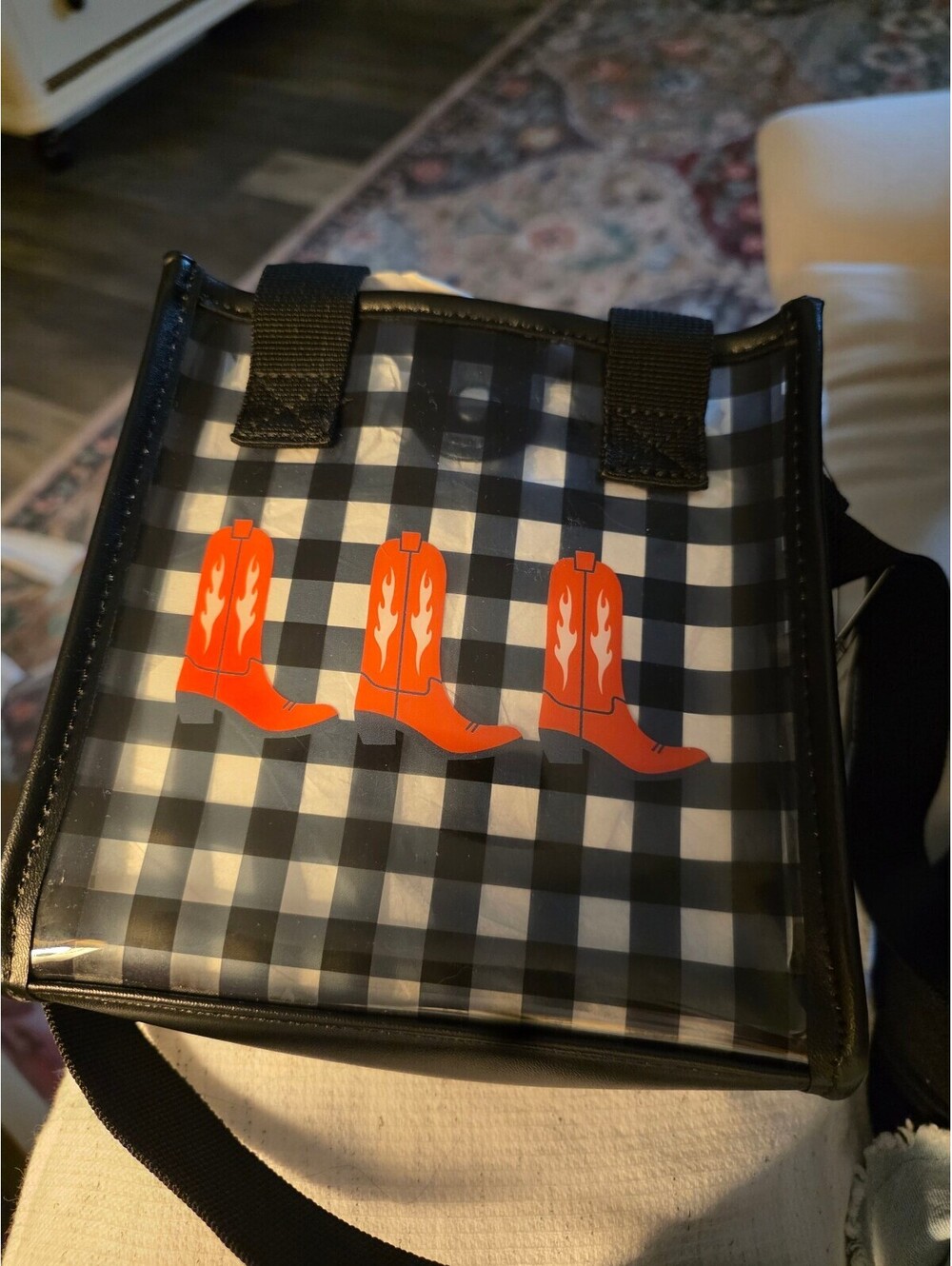 Black and White Checkered Crossbody Bag with Orange Cowboy Boot Design